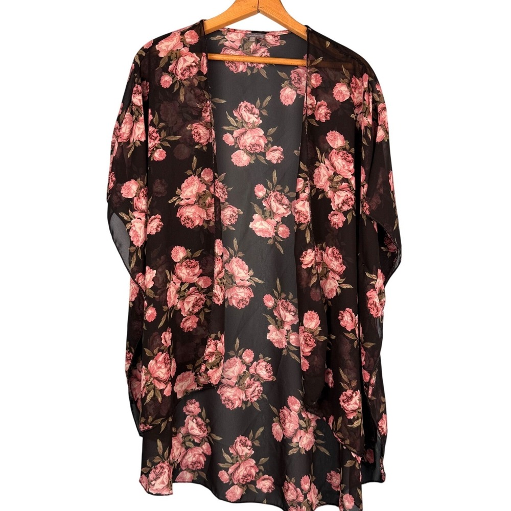 Charolette Russe FloralKimono Wrap Cardigan Dark Floral Sheer Cover Up